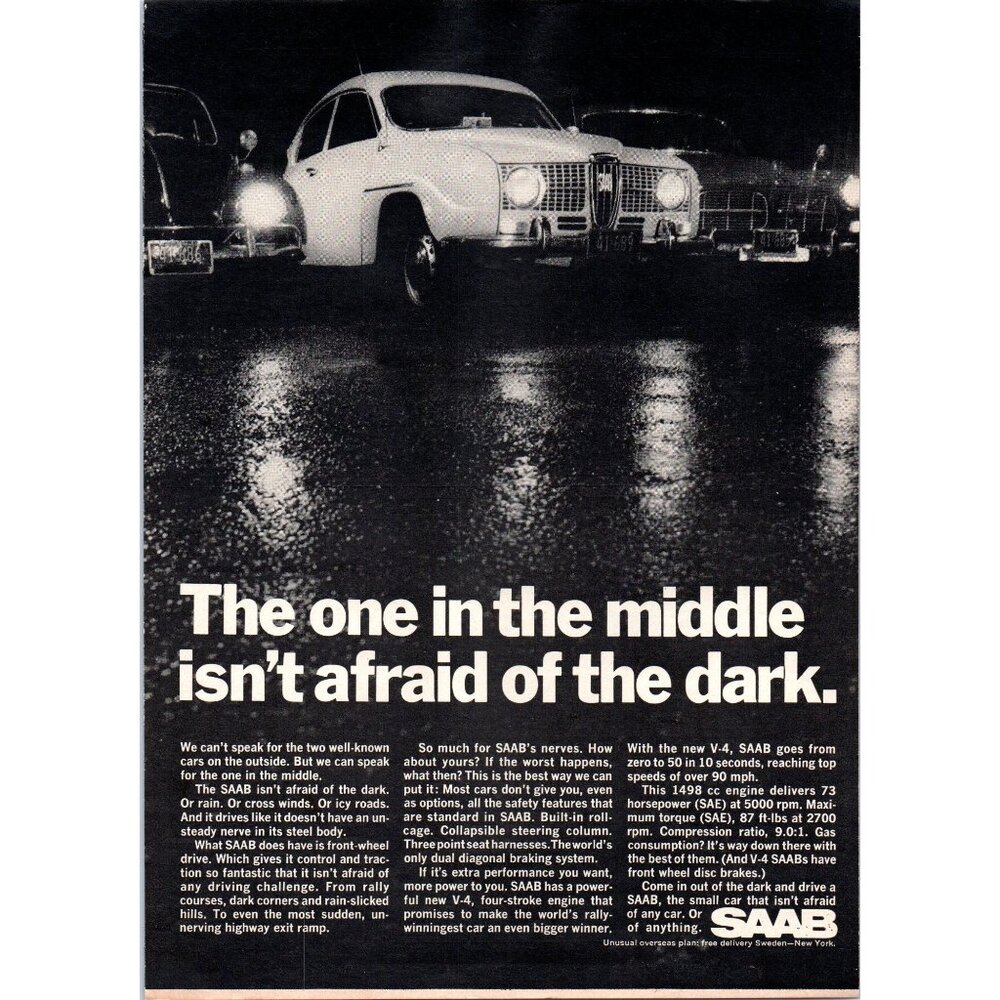 1967 Saab 96 2 Door Sedan Vintage Print Ad VW Beetle Bug Parking Lot Wall Art